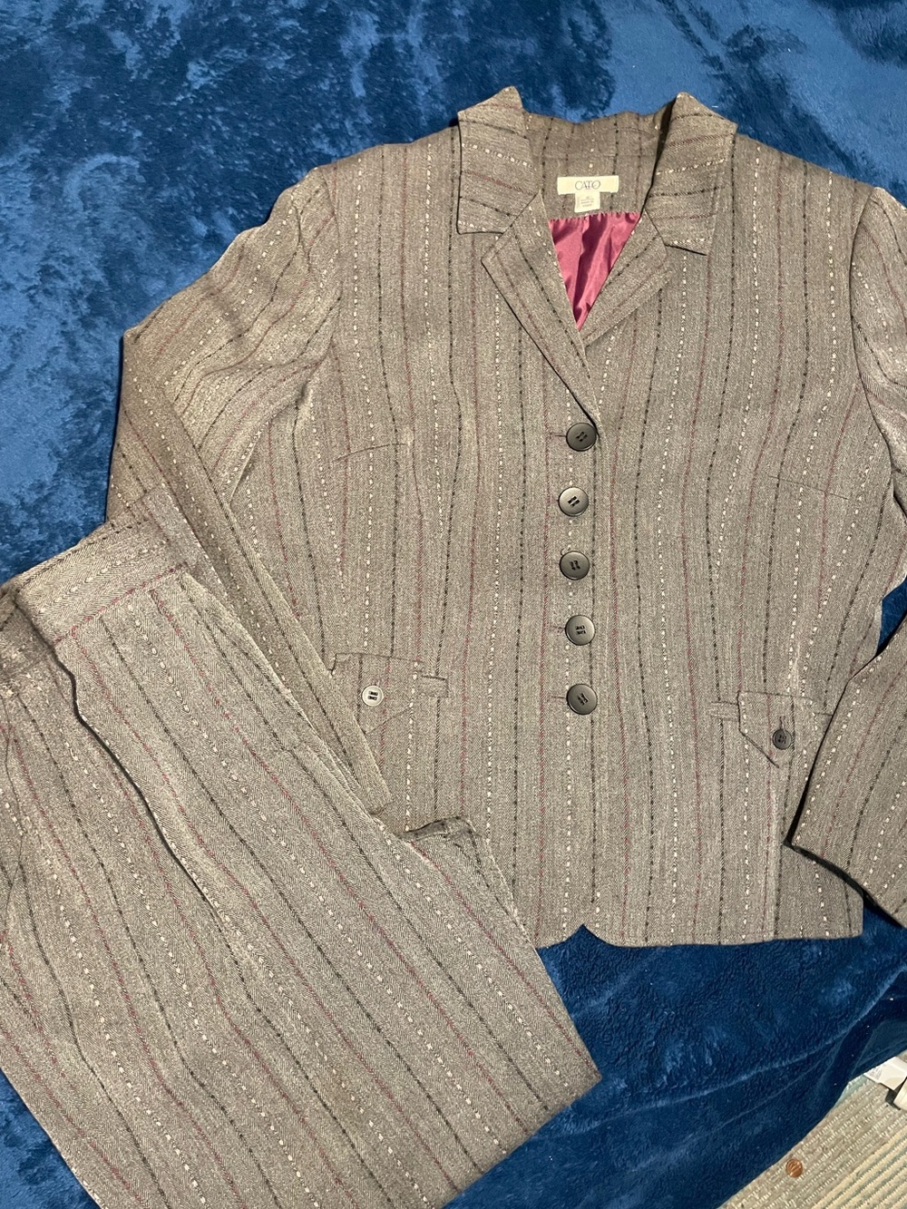 Cato Gray Pinstripe Women's Pantsuit with Burgundy and Pink Lining